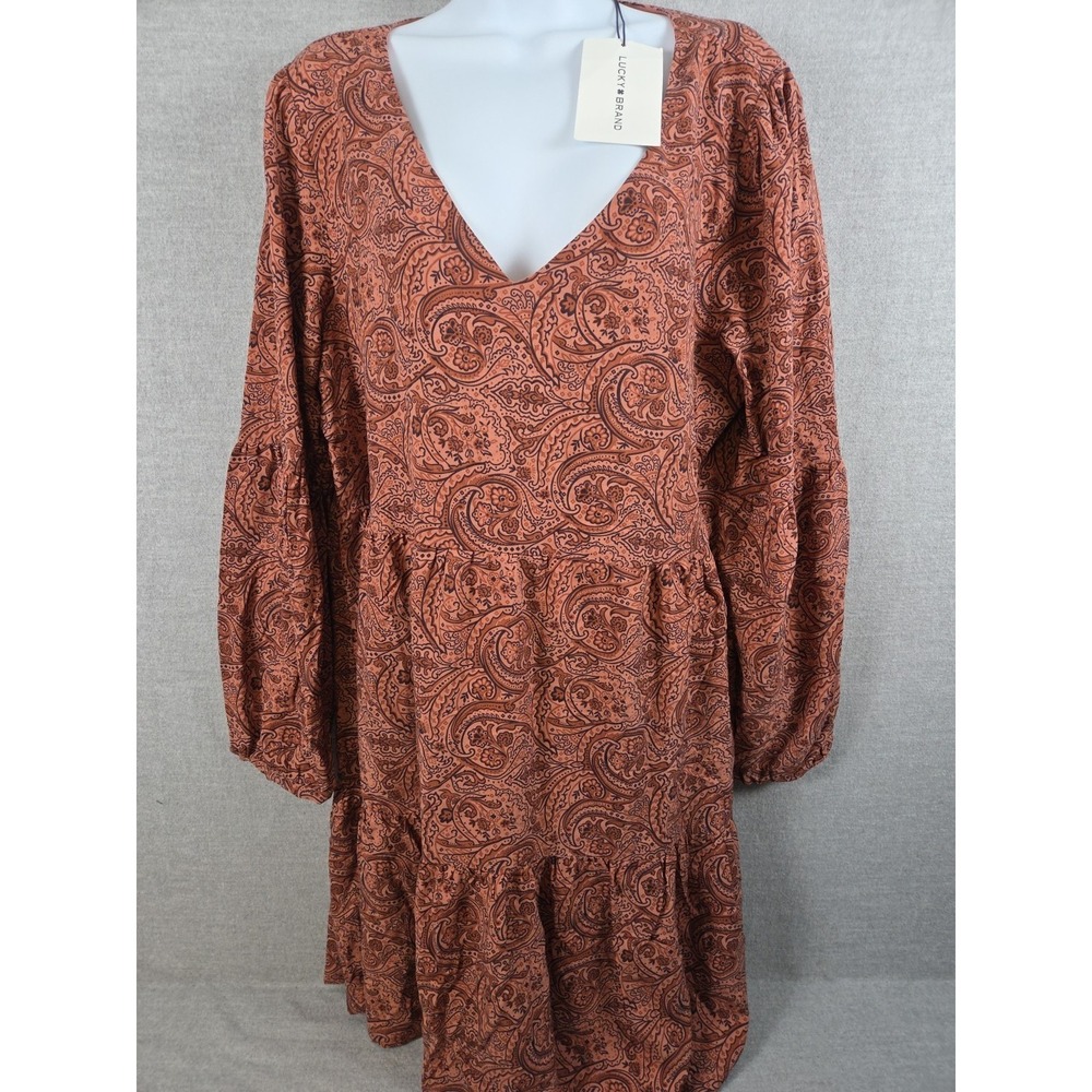 LUCKY BRAND L Rust Paisley Tiered Rayon Boho Dress Oversized‎ Long Sleeve NEW